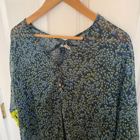 Free People Sleepin In Printed Shirt S Blue Kimono Cover Up Sheer Boho Relaxed - Picture 6 of 9
